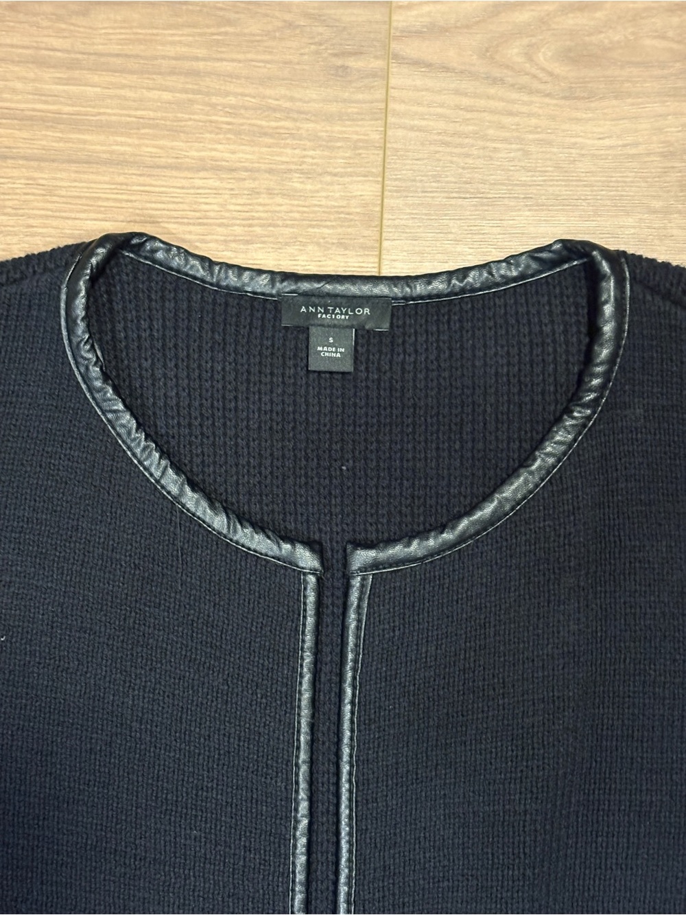Ann Taylor Factory Black Collarless Jacket with Faux-Leather Trim